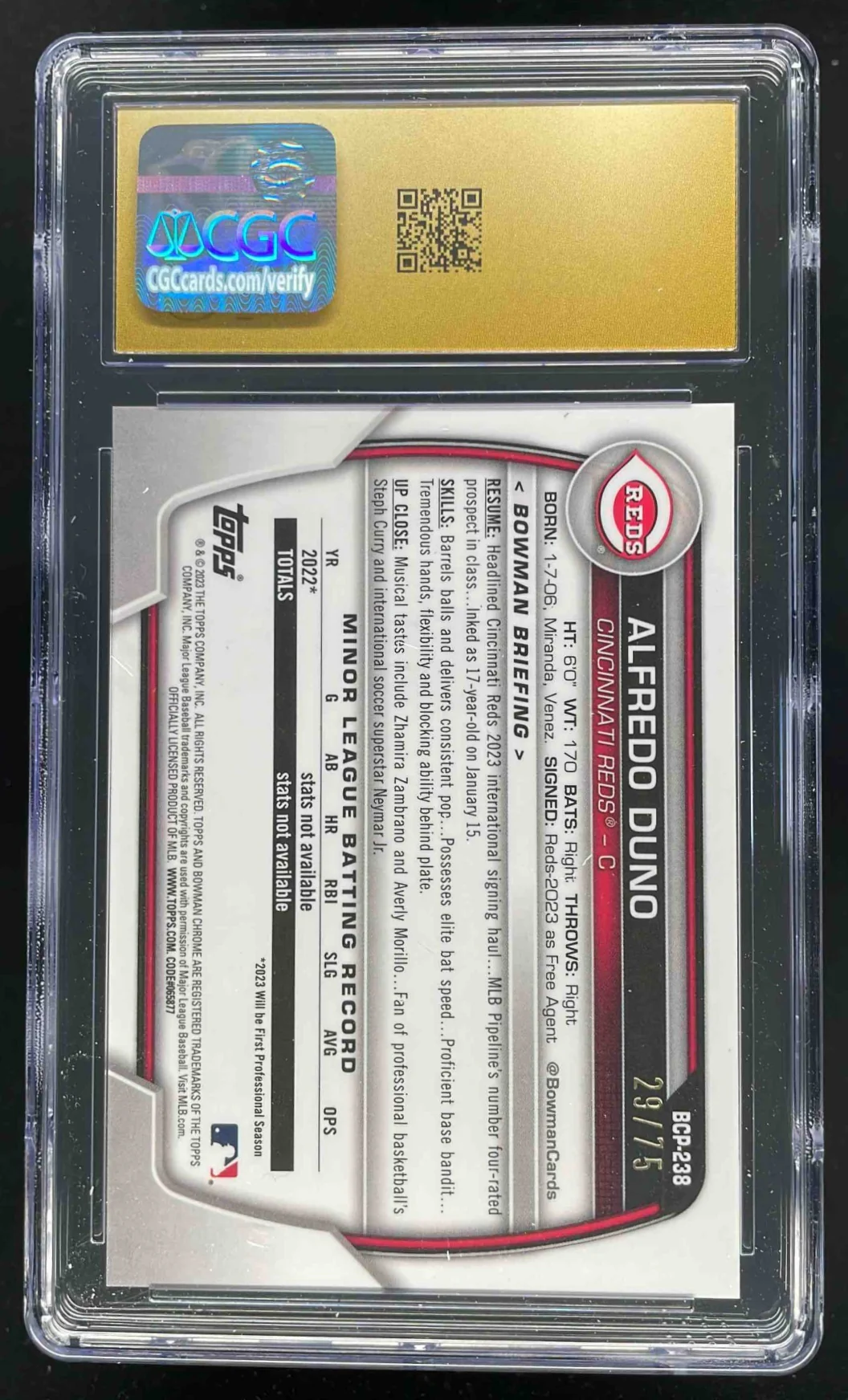 2023 Bowman Chrome Prospects Yellow #BCP-238 Alfredo Duno RC /75 CGC 10 - Image 2
