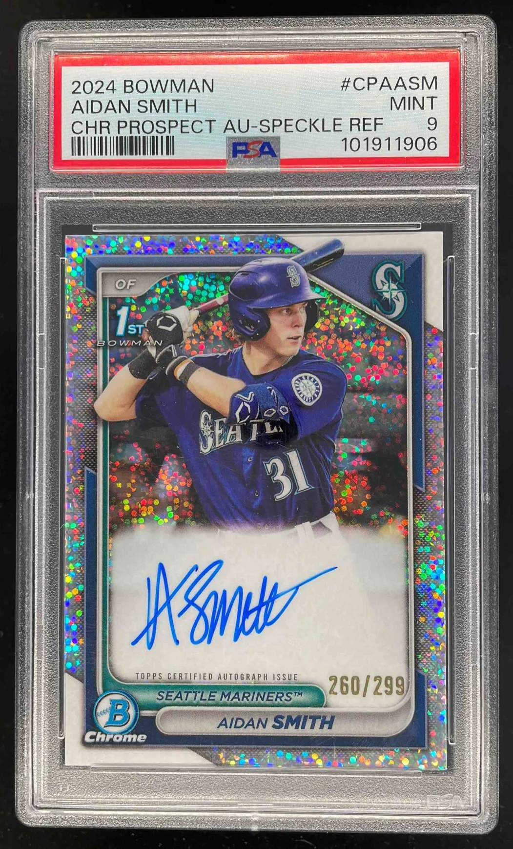 2024 Bowman Chrome Prospect Speckle #CPA-ASM Aidan Smith RC Auto /299 PSA 9