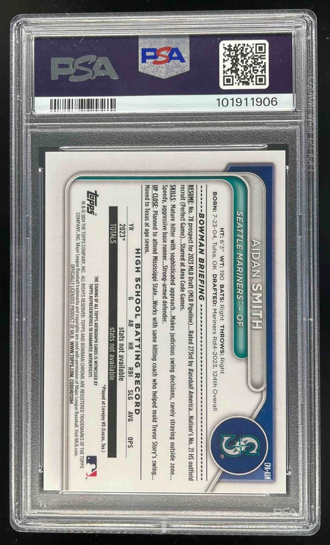 2024 Bowman Chrome Prospect Speckle #CPA-ASM Aidan Smith RC Auto /299 PSA 9 - Image 2