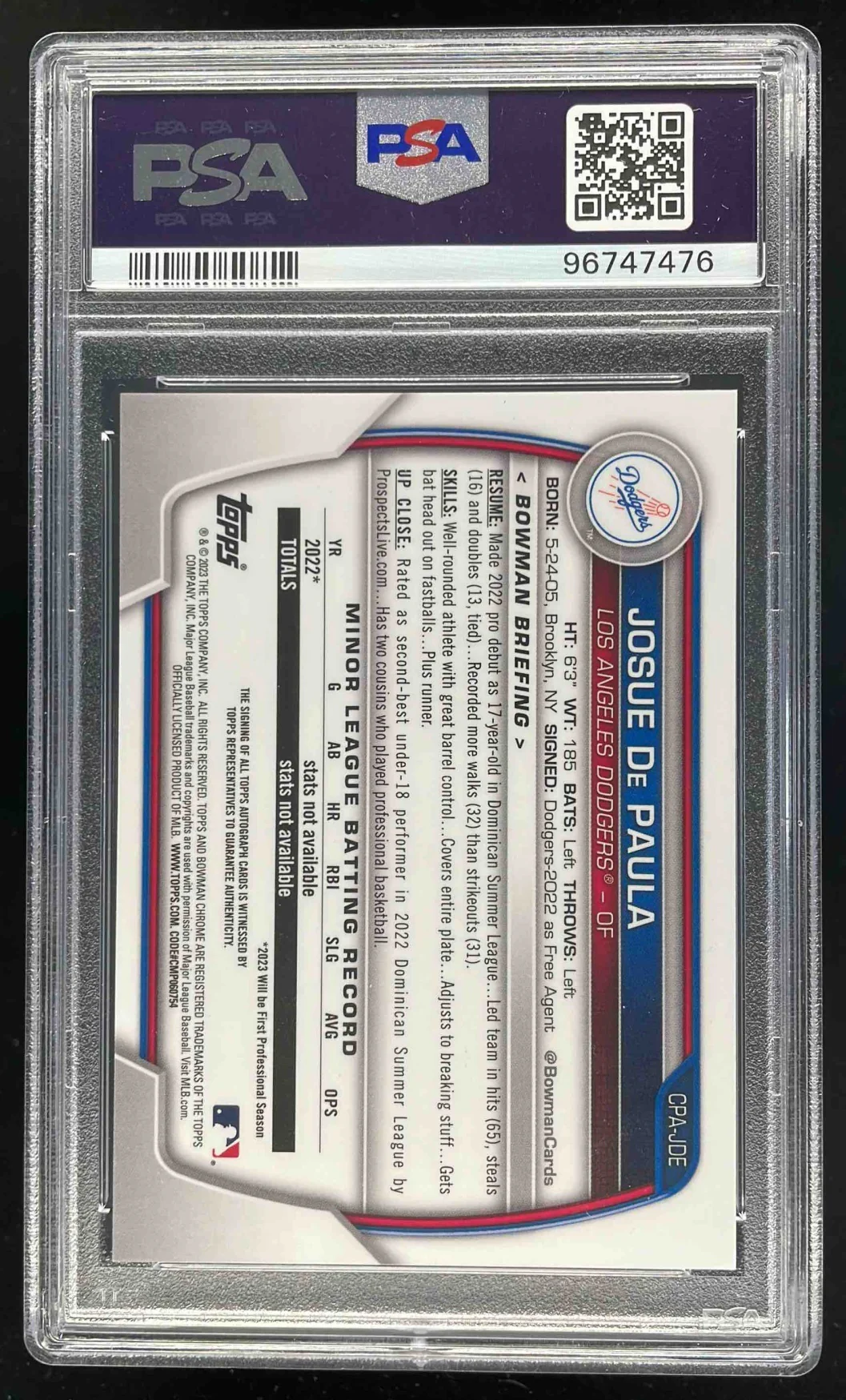 2023 Bowman Chrome Prospect #CPA-JDE Josue De Paula RC Auto PSA 8 - Image 2