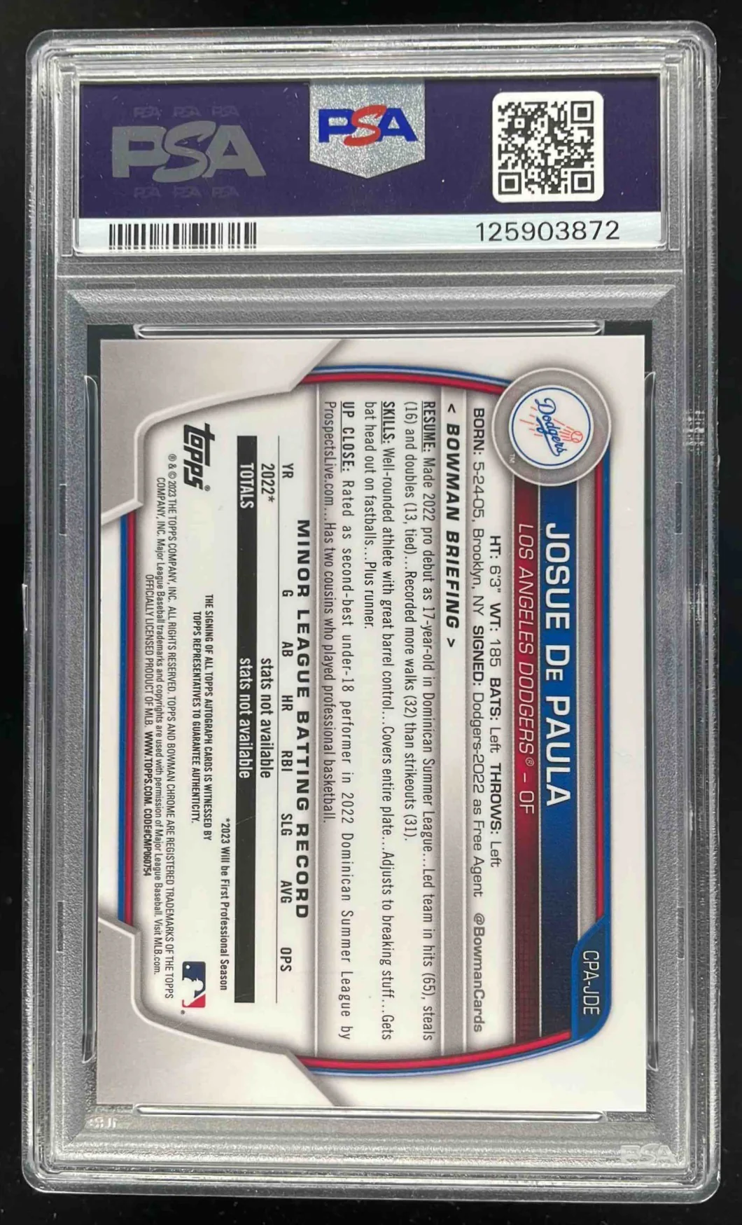 2023 Bowman Chrome Prospect #CPA-JDE Josue De Paula RC Auto PSA 8 - Image 2