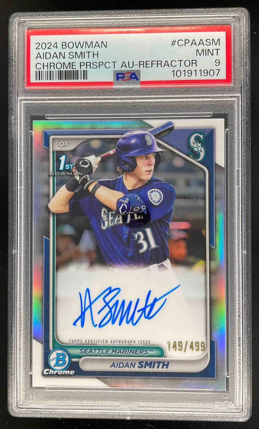 2024 Bowman Chrome Prospect #CPA-ASM Aidan Smith RC Auto /499 PSA 9