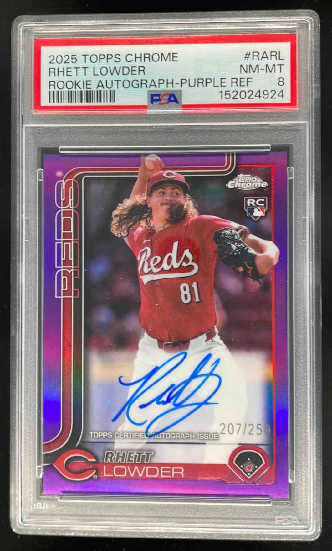 2025 Topps Chrome Purple #RA-RL Rhett Lowder RC Auto /250 PSA 8
