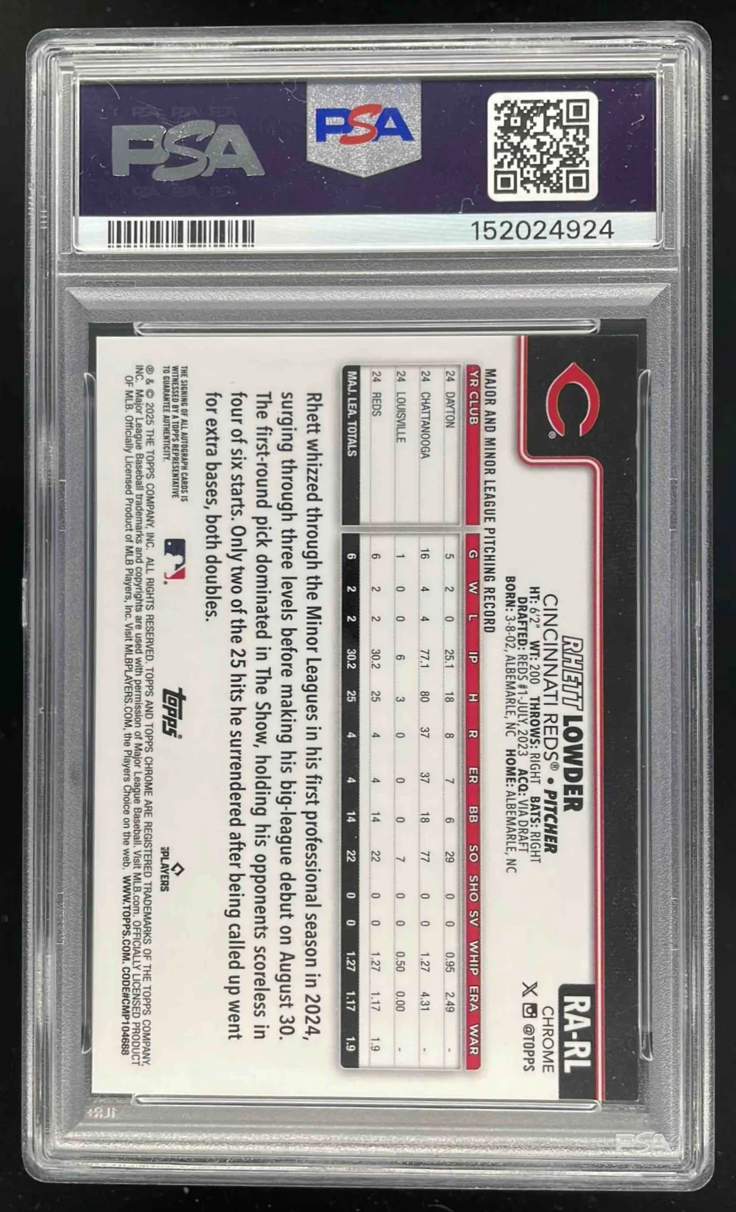 2025 Topps Chrome Purple #RA-RL Rhett Lowder RC Auto /250 PSA 8 - Image 2