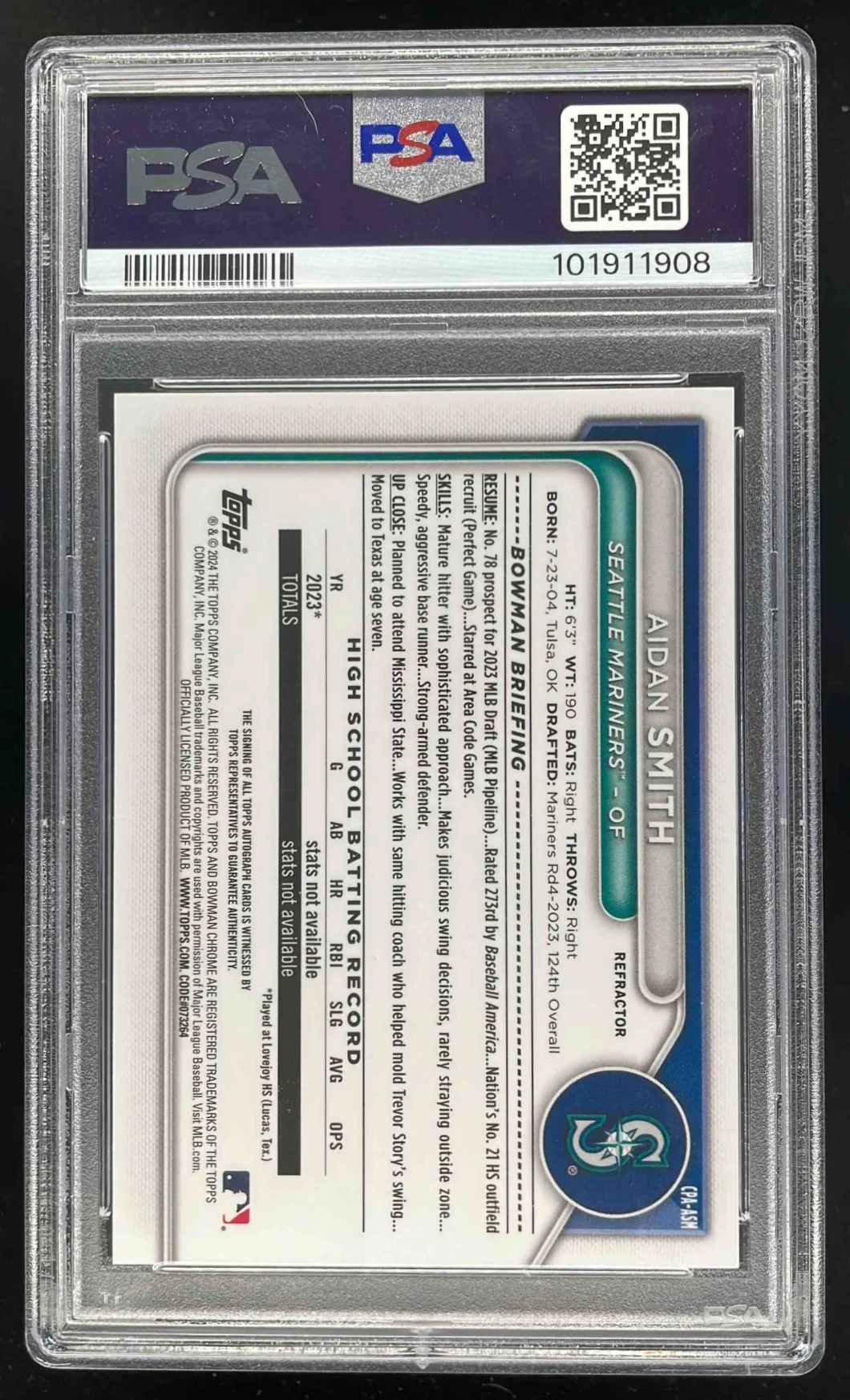 2024 Bowman Chrome Prospect #CPA-ASM Aidan Smith RC Auto /499 PSA 10 - Image 2