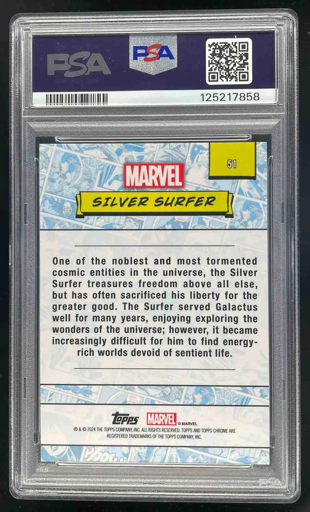 2024 Topps Chrome Marvel Sapphire Green Refractor #51 Silver Surfer /99 PSA 9 - Image 2