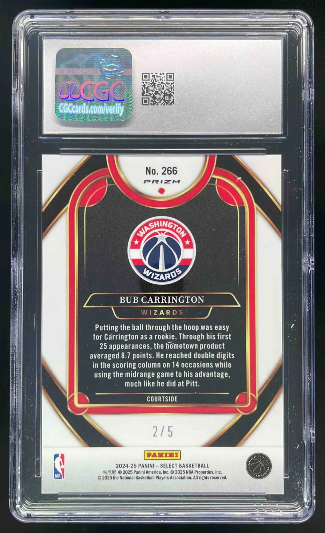 2024 Select Courtside Neon Purple Pulsar FOTL #266 Bub Carrington RC /5 CGC 10 - Image 2