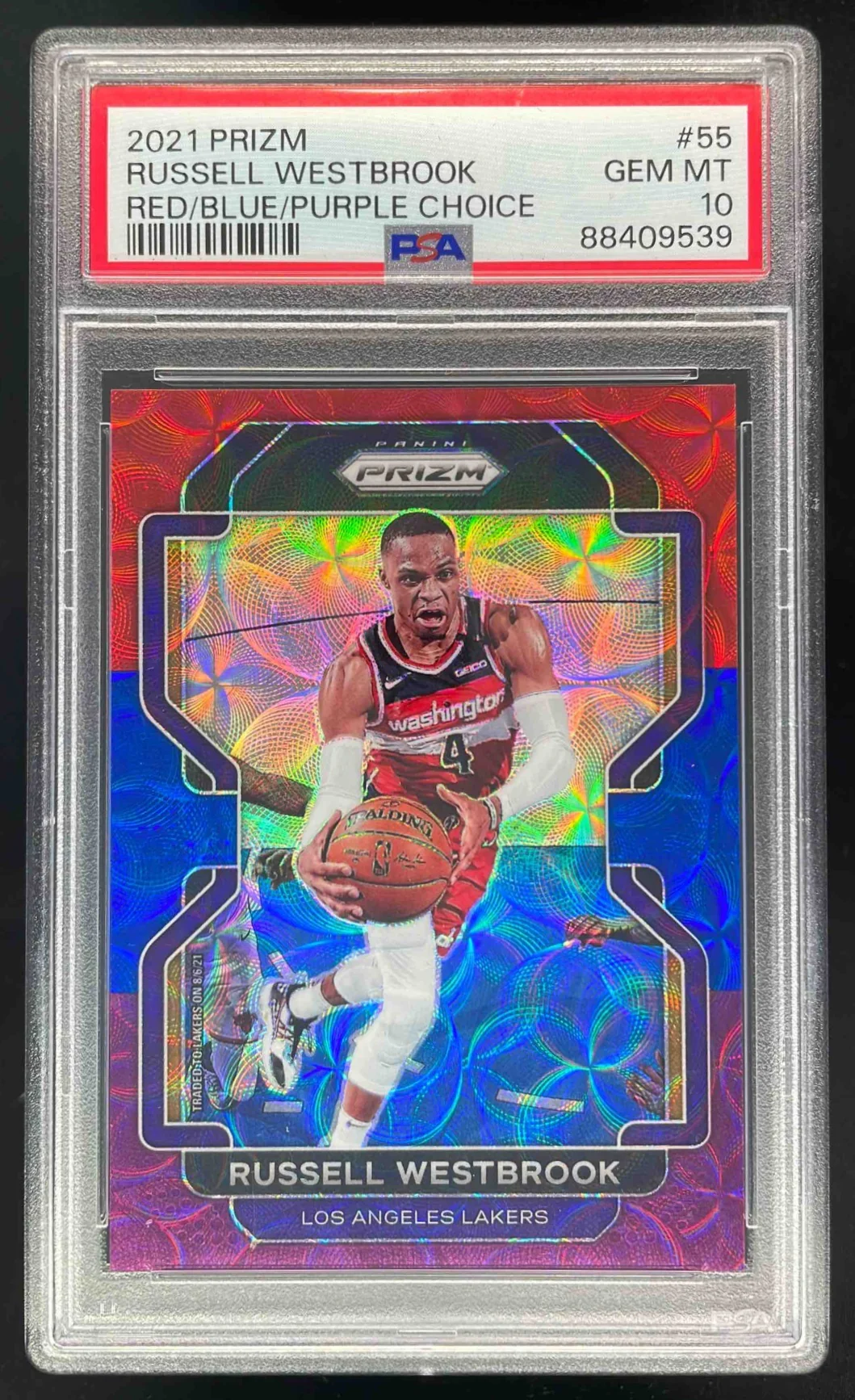 2021-22 Prizm Choice Red Blue and Purple Prizm #55 Russell Westbrook /15 PSA 10