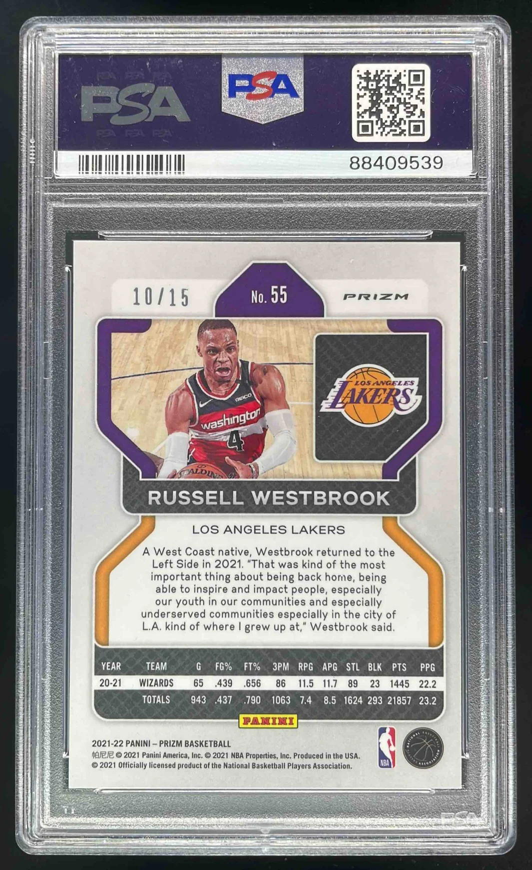 2021-22 Prizm Choice Red Blue and Purple Prizm #55 Russell Westbrook /15 PSA 10 - Image 2