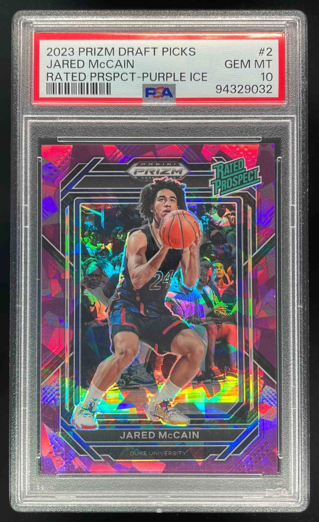 2023-24 Prizm Draft Picks Rated Prospect Purple Ice #2 Jared McCain /149 PSA 10