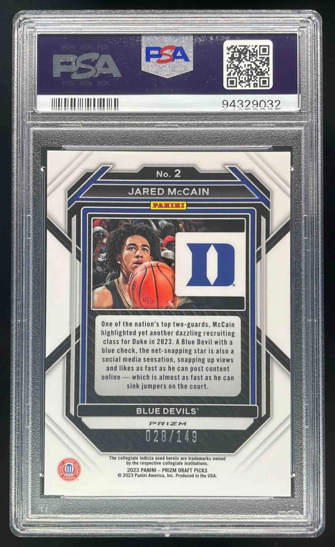 2023-24 Prizm Draft Picks Rated Prospect Purple Ice #2 Jared McCain /149 PSA 10 - Image 2