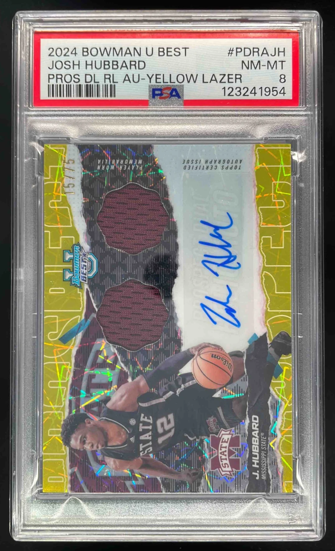 2024 Bowman Best University Dual Relic Yellow Lazer Josh Hubbard Auto /75 PSA 8