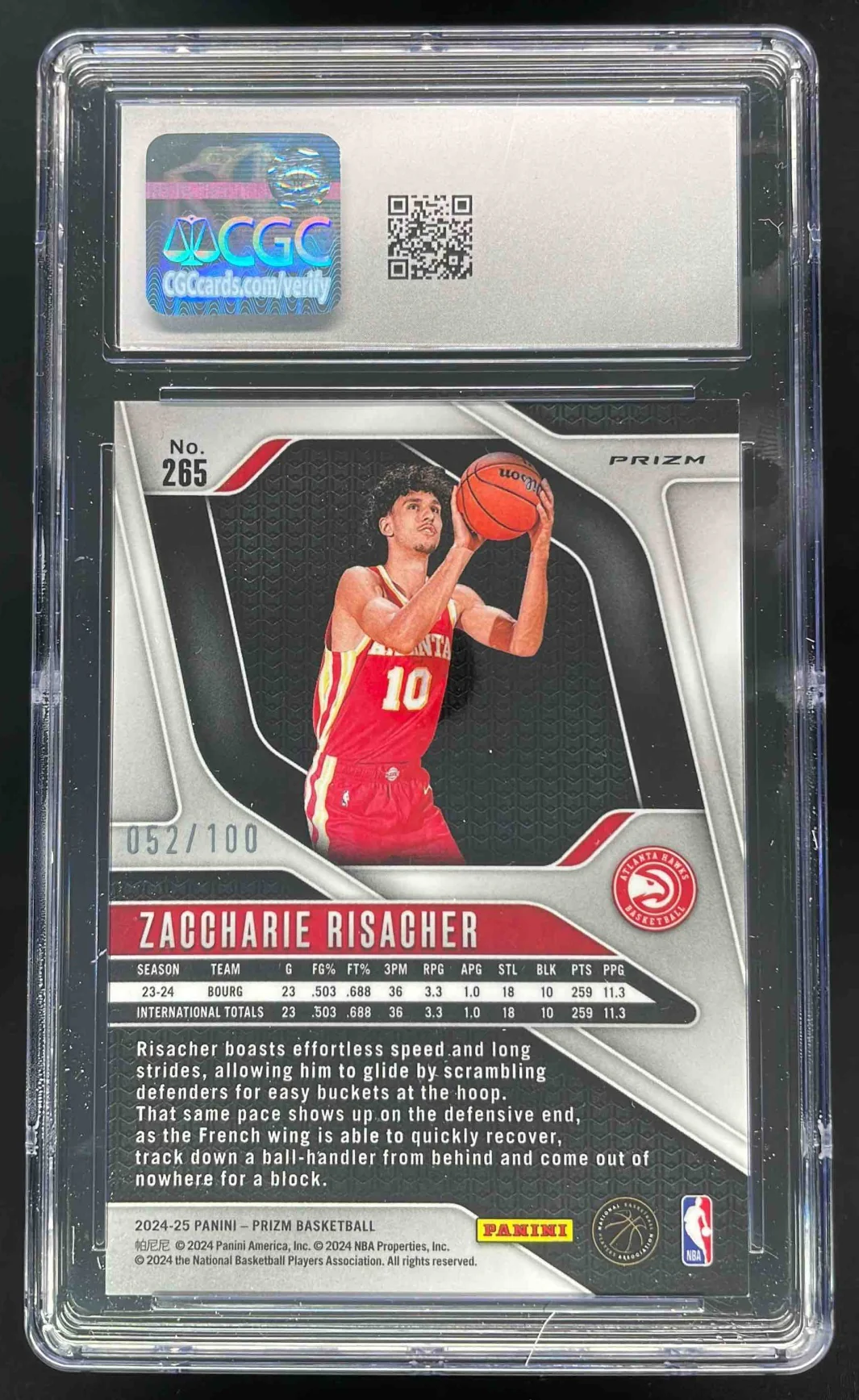 2024-25 Panini Prizm Fast Break Red Prizm #265 Zaccharie Risacher RC /100 CGC 10 - Image 2