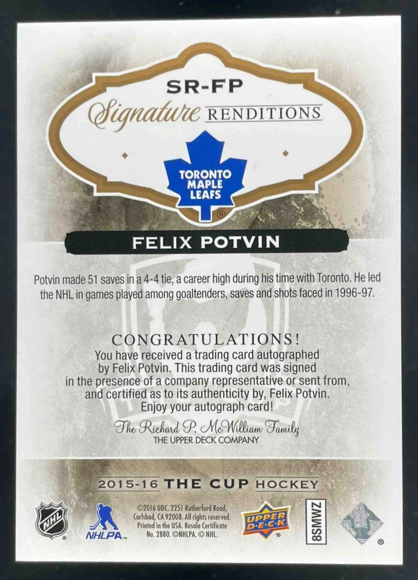 2015-16 Upper Deck The Cup Signature Renditions #SR-FP Felix Potvin Auto - Image 2
