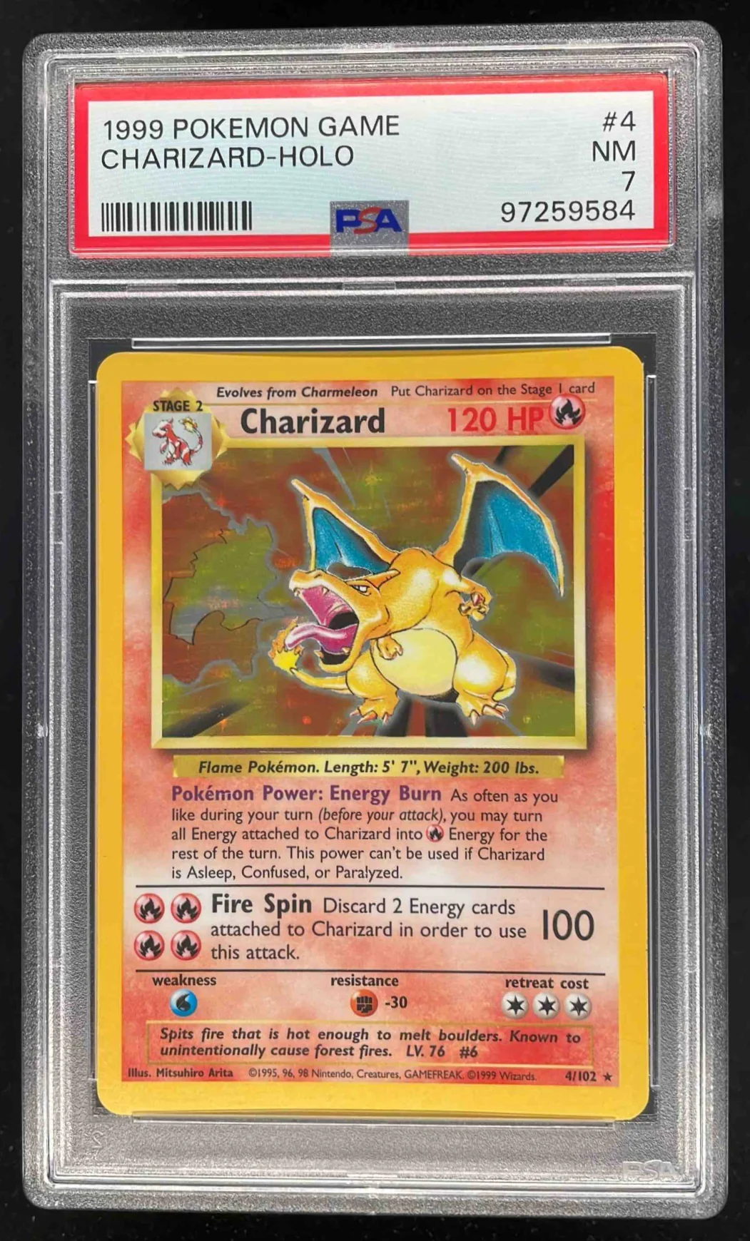 1999 Pokemon Unlimited Set #4/102 Charizard Rare Holo PSA 7