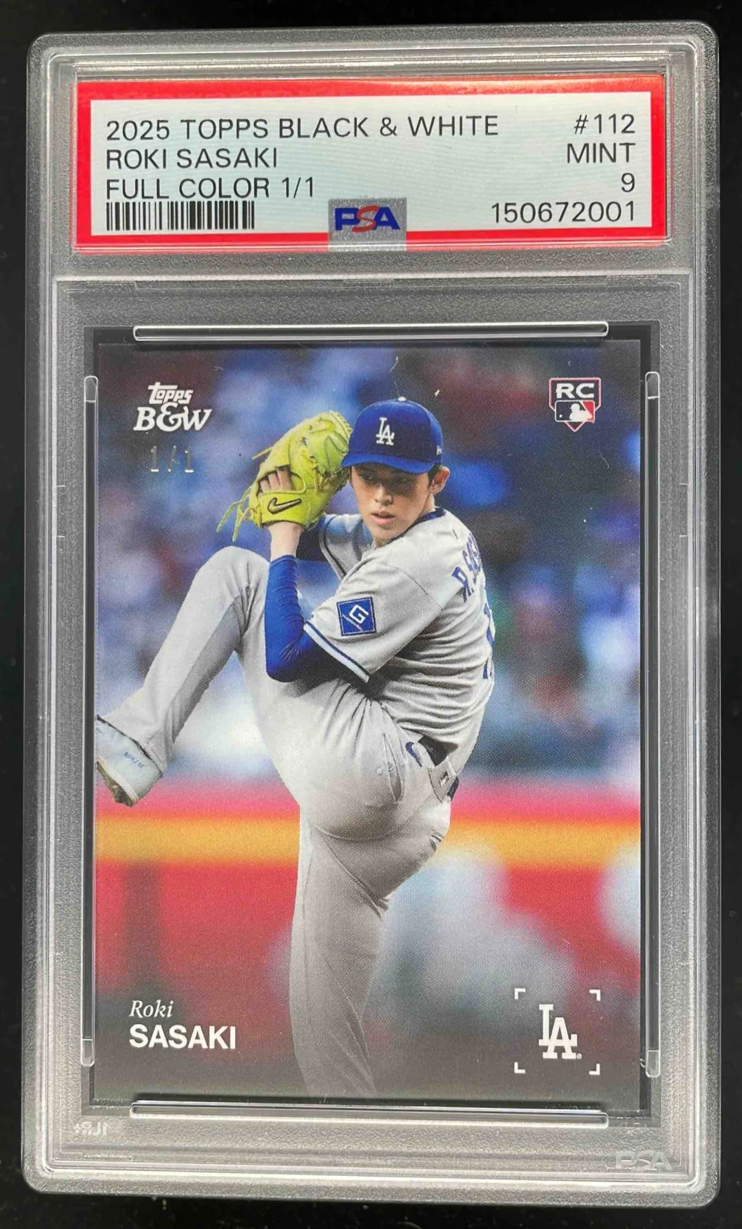 2025 Topps Black and White Full Color #112 Roki Sasaki RC 1/1 PSA 9