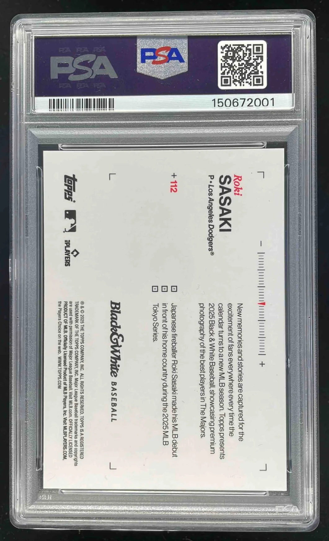 2025 Topps Black and White Full Color #112 Roki Sasaki RC 1/1 PSA 9 - Image 2