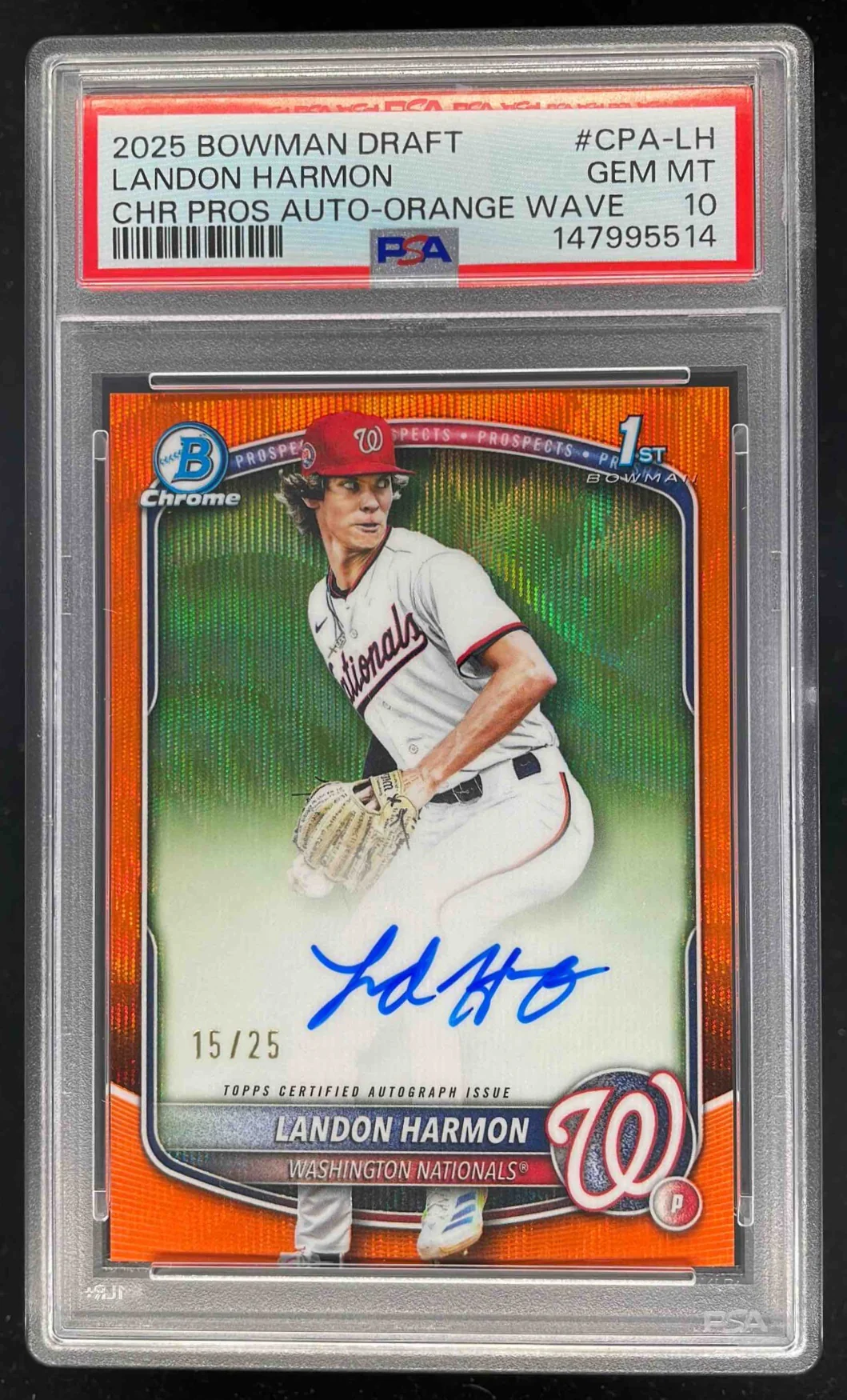 2025 Bowman Draft Chrome Orange Wave #CPA-LH Landon Harmon RC Auto /25 PSA 10