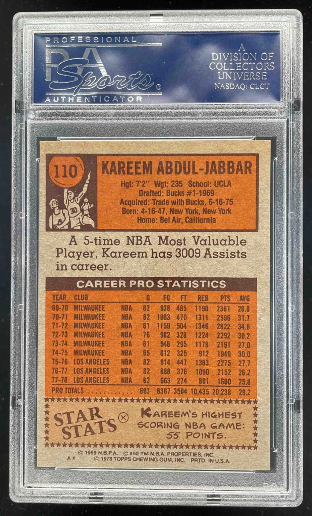1978-79 Topps #110 Kareem Abdul-Jabbar All-Star PSA 9 - Image 2