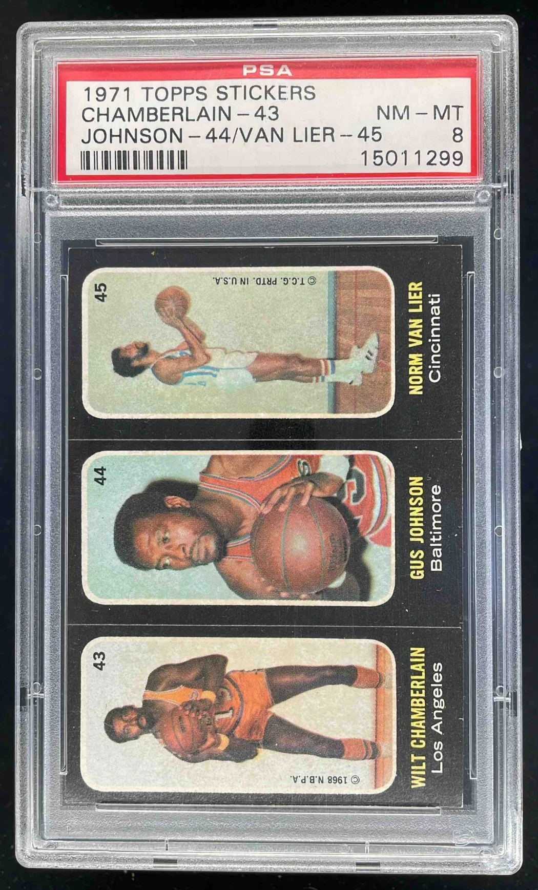1971-72 Topps Trios Stickers Wilt Chamberlain Gus Johnson Norm Van Lier PSA 8