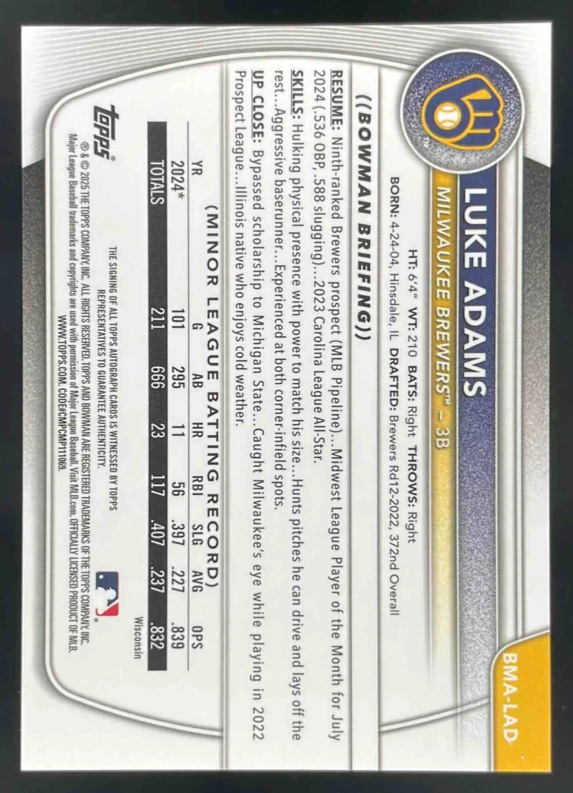 2025 Bowman Chrome Mega Box Mojo Refractor #BMA-LAD Luke Adams Auto - Image 2