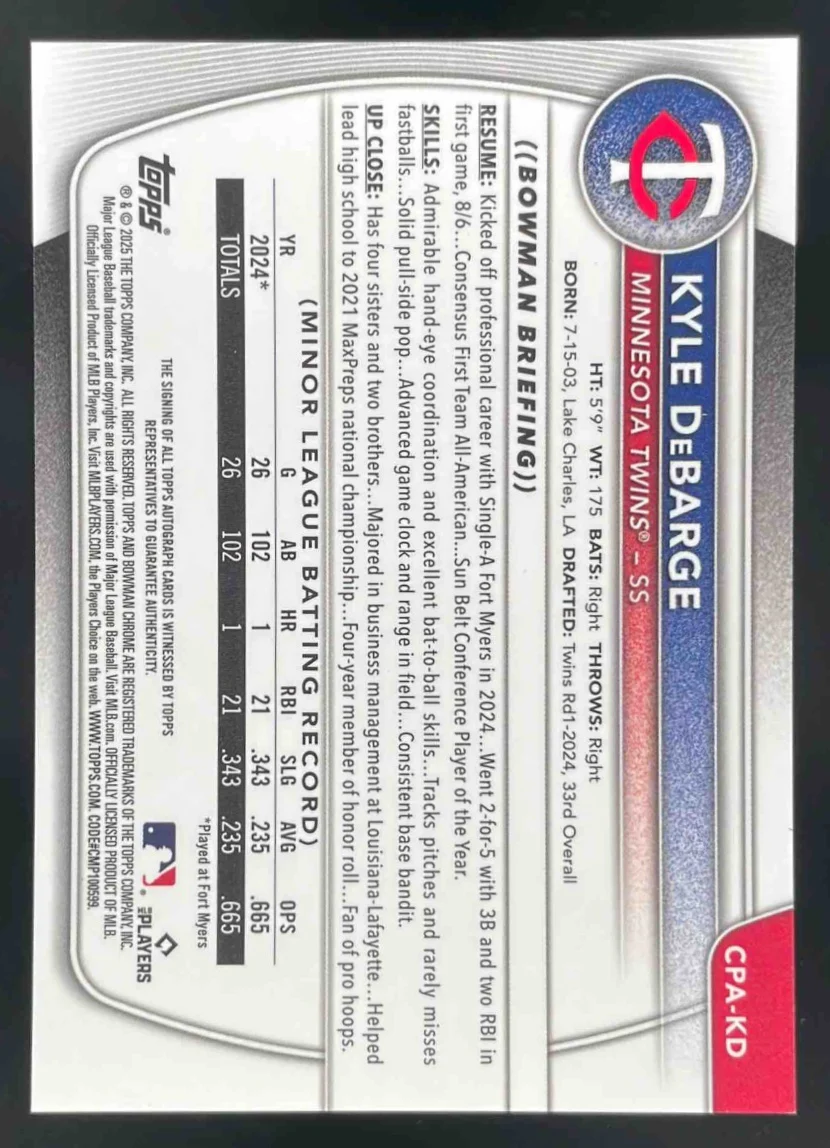 2025 Bowman Chrome Prospect Autographs #CPA-KD Kyle DeBarge RC Auto - Image 2