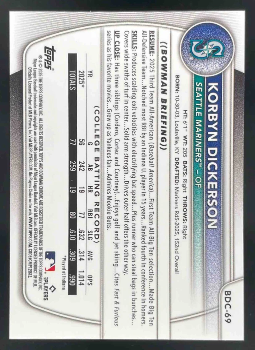 2025 Bowman Chrome Yellow Geometric Refractor #BDC-69 Korbyn Dickerson RC /75 - Image 2