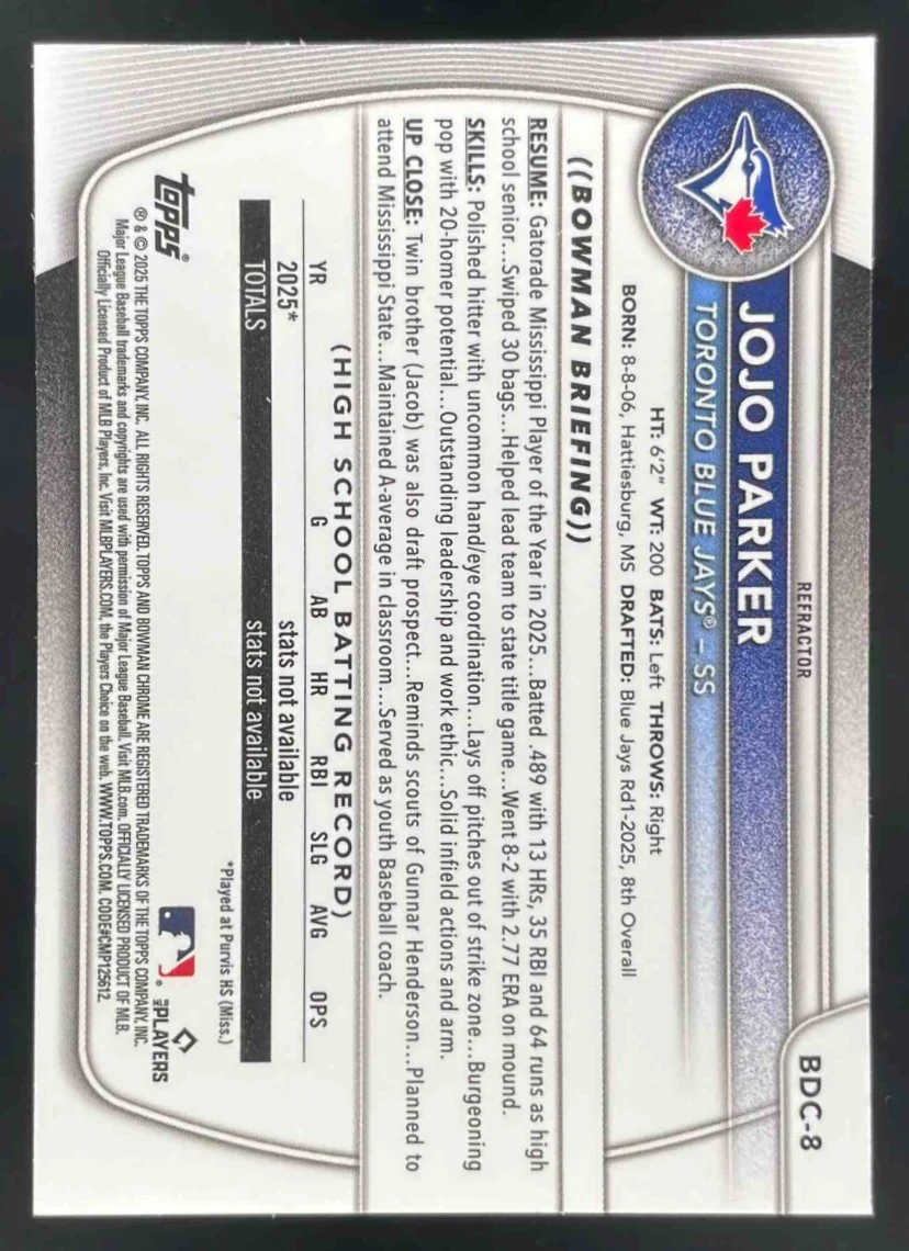 2025 Bowman Draft Chrome Refractor #BDC-8 JoJo Parker RC - Image 2