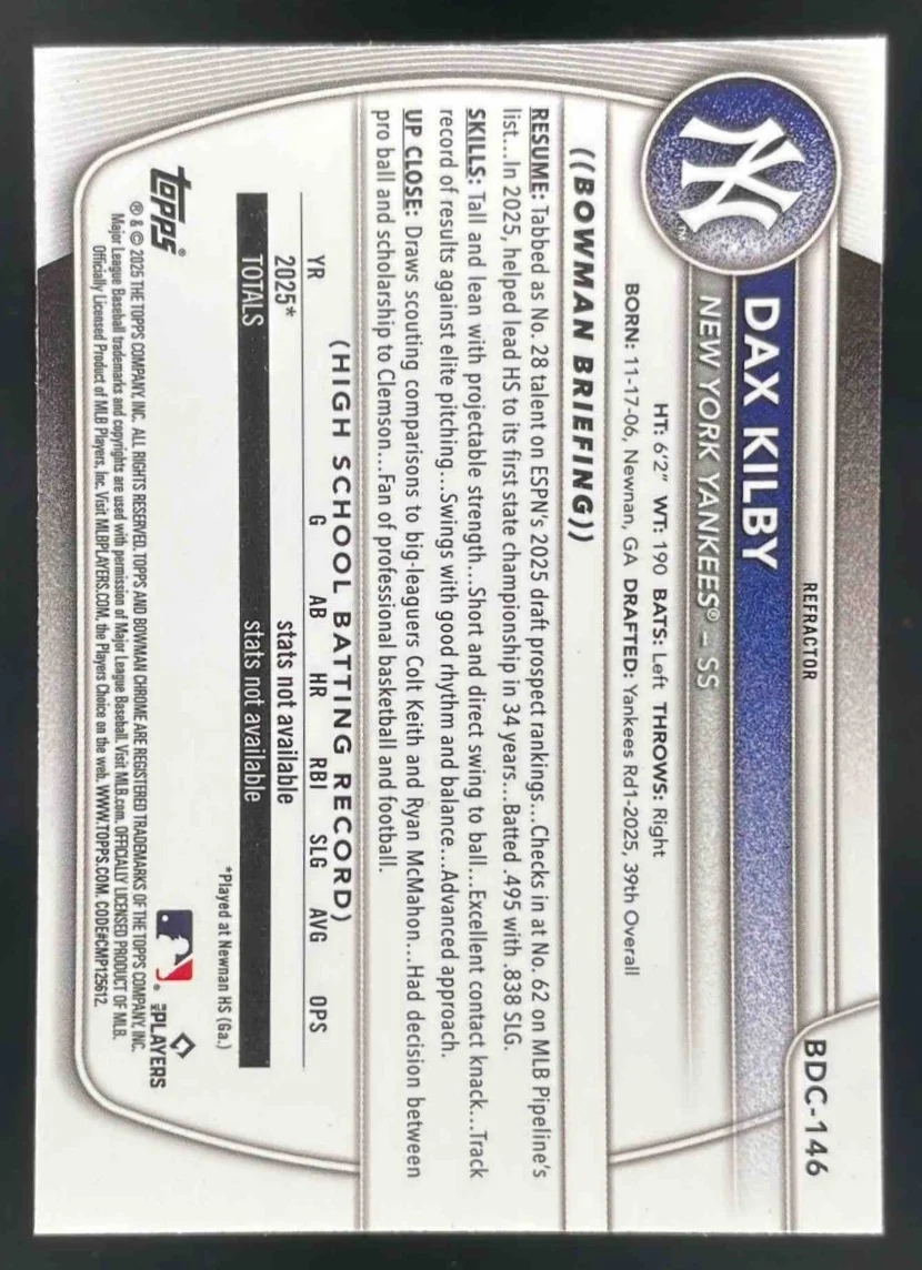 2025 Bowman Draft Chrome Refractor #BDC-146 Dax Kilby RC - Image 2