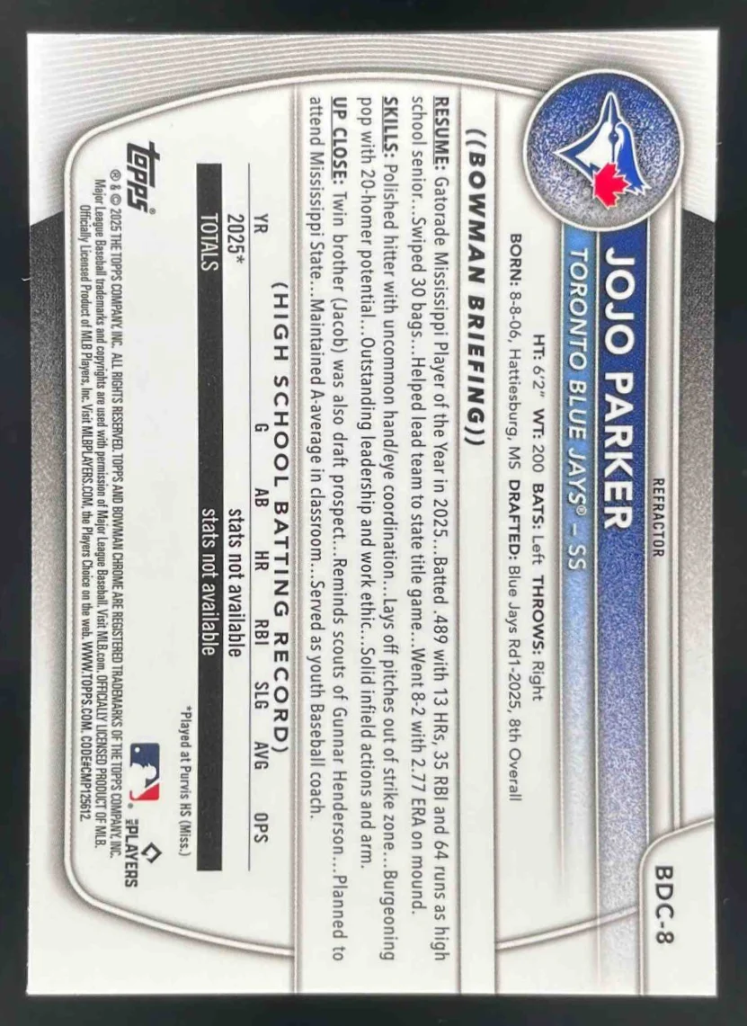 2025 Bowman Draft Chrome Refractor #BDC-8 JoJo Parker RC - Image 2