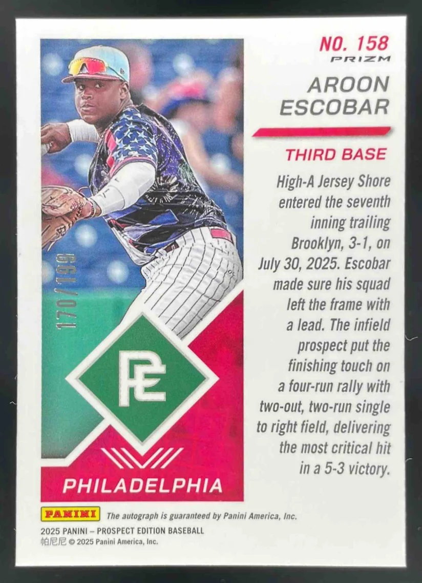 2025 Panini Edition Holo Prospect Ticket Red #158 Aroon Escobar Auto /199 - Image 2