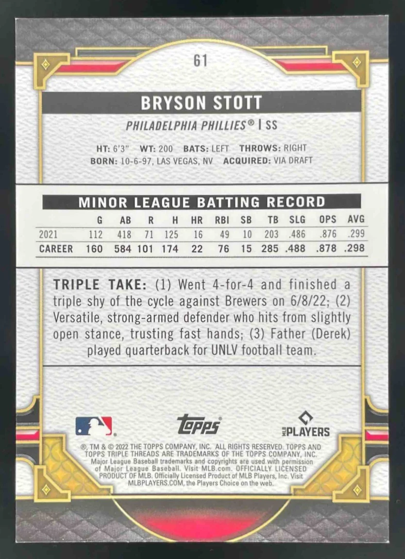 2022 Topps Triple Threads Onyx #61 Bryson Stott RC /50 - Image 2