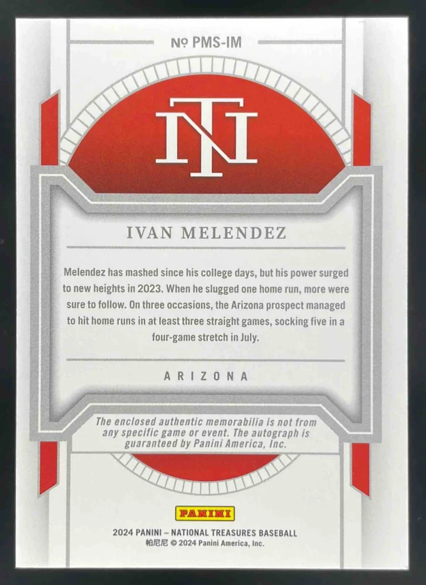 2024 Panini National Treasures Prospect Material #PMS-IM Ivan Melendez Auto /99 - Image 2