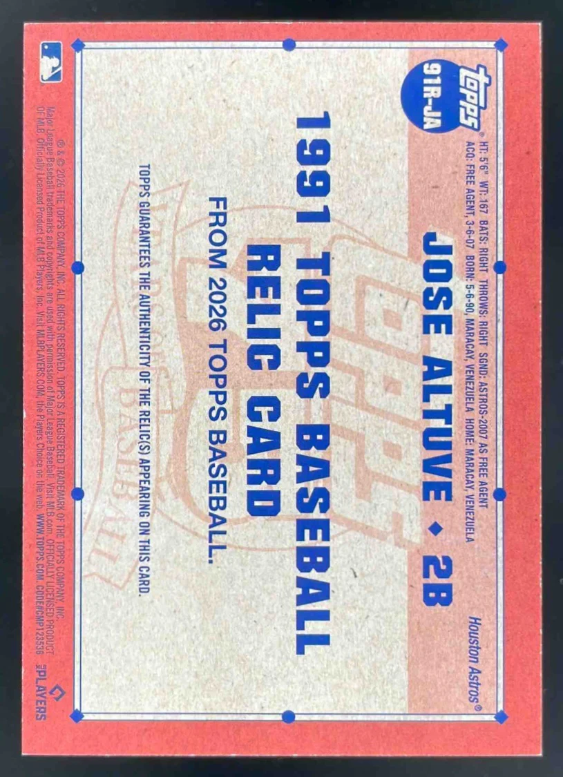 2026 Topps 1991 Topps Relic Blue #91R-JA Jose Altuve /150 - Image 2
