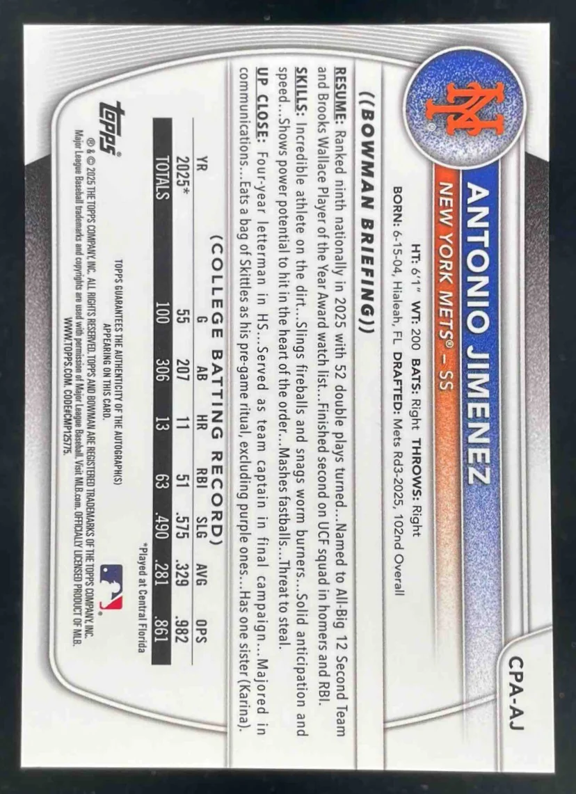 2025 Bowman Draft Chrome Green Lava Refractor #CPAAJ Antonio Jimenez RC Auto /99 - Image 2