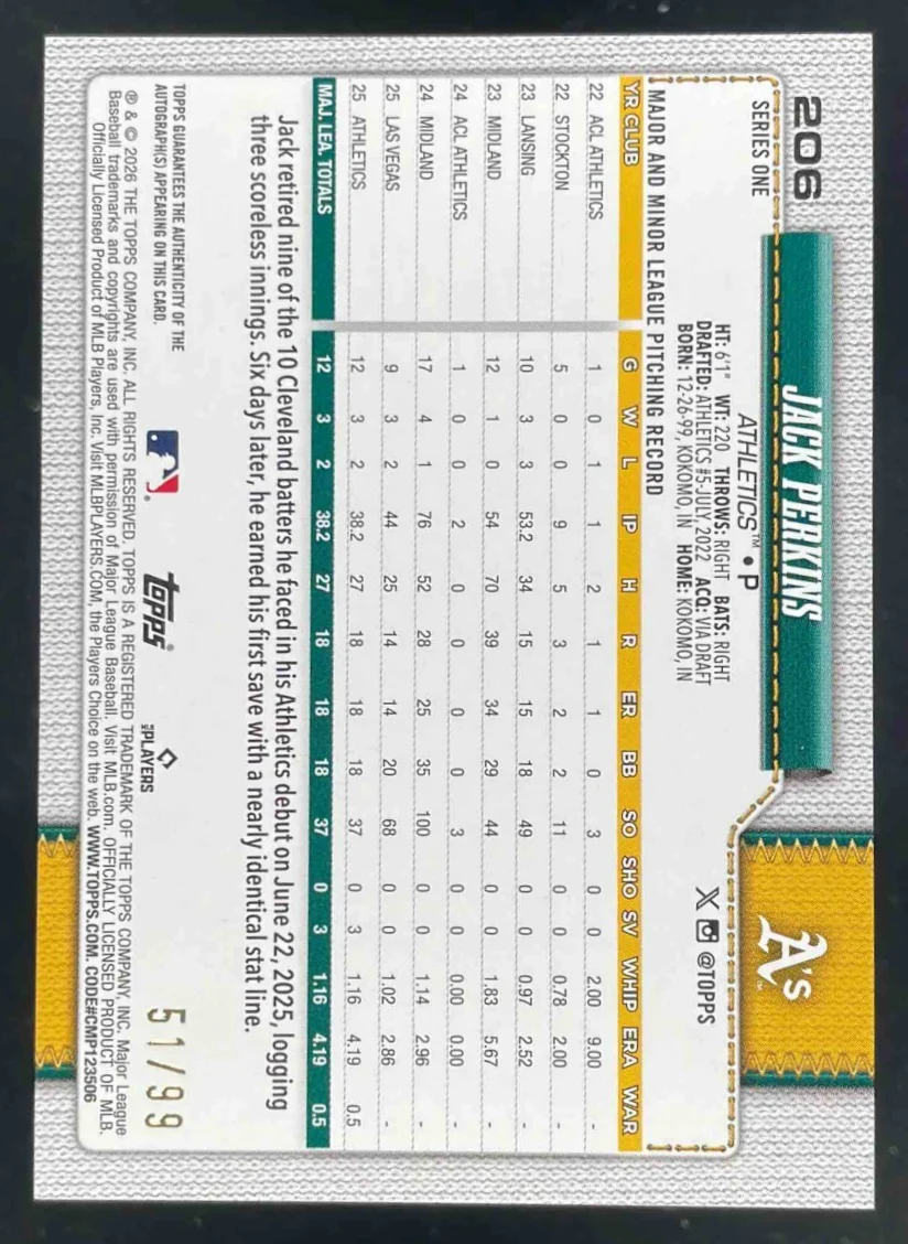 2026 Topps Real One Autograph Green Foil #206 Jack Perkins RC Auto /99 - Image 2