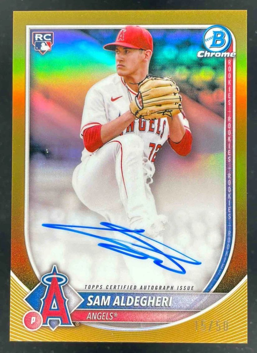 2025 Bowman Chrome Rookie Autograph Gold Refractor Sam Aldegheri RC Auto /50