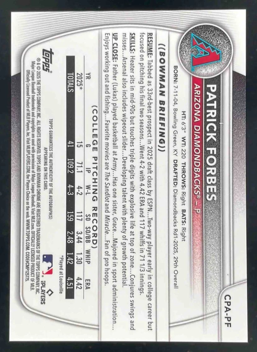 2025 Bowman Draft Chrome Prospect Autograph #CPA-PF Patrick Forbes RC Auto - Image 2