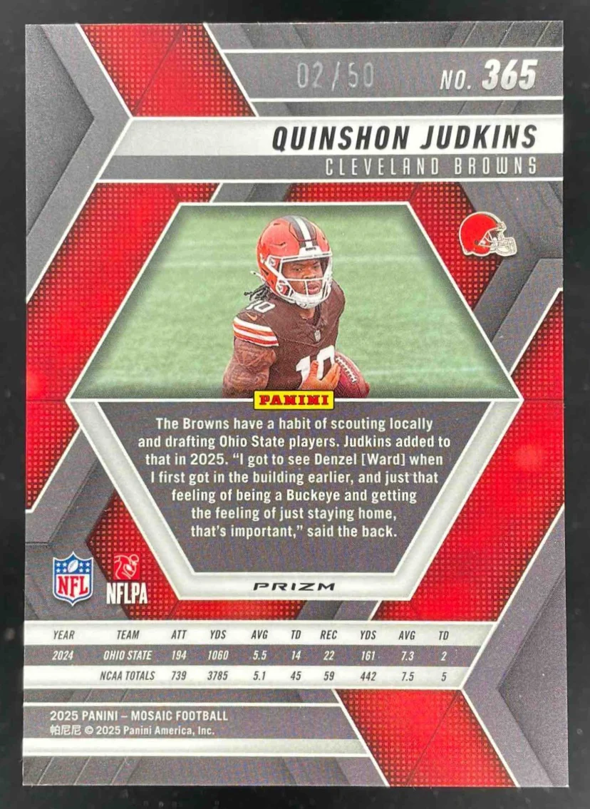 2025 Panini Mosaic Rookies No Huddle Purple Prizm #365 Quinshon Judkins RC /50 - Image 2