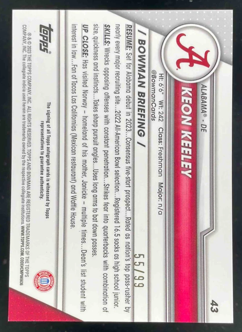 2023 Bowman University Chrome Prospect Green #43 Keon Keeley Auto /99 - Image 2