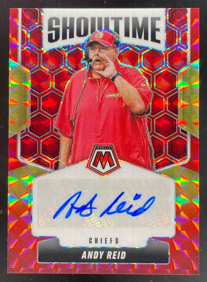 2025 Mosaic Showtime Choice Fusion Red and Yellow Prizm #SOS-ARE Andy Reid Auto