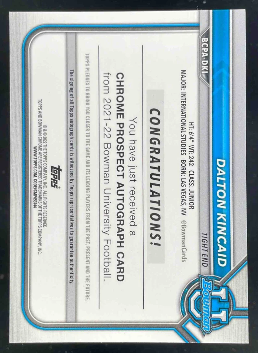2021 Bowman University Bowman Chrome Prospects Green #DKI Dalton King Auto /99 - Image 2