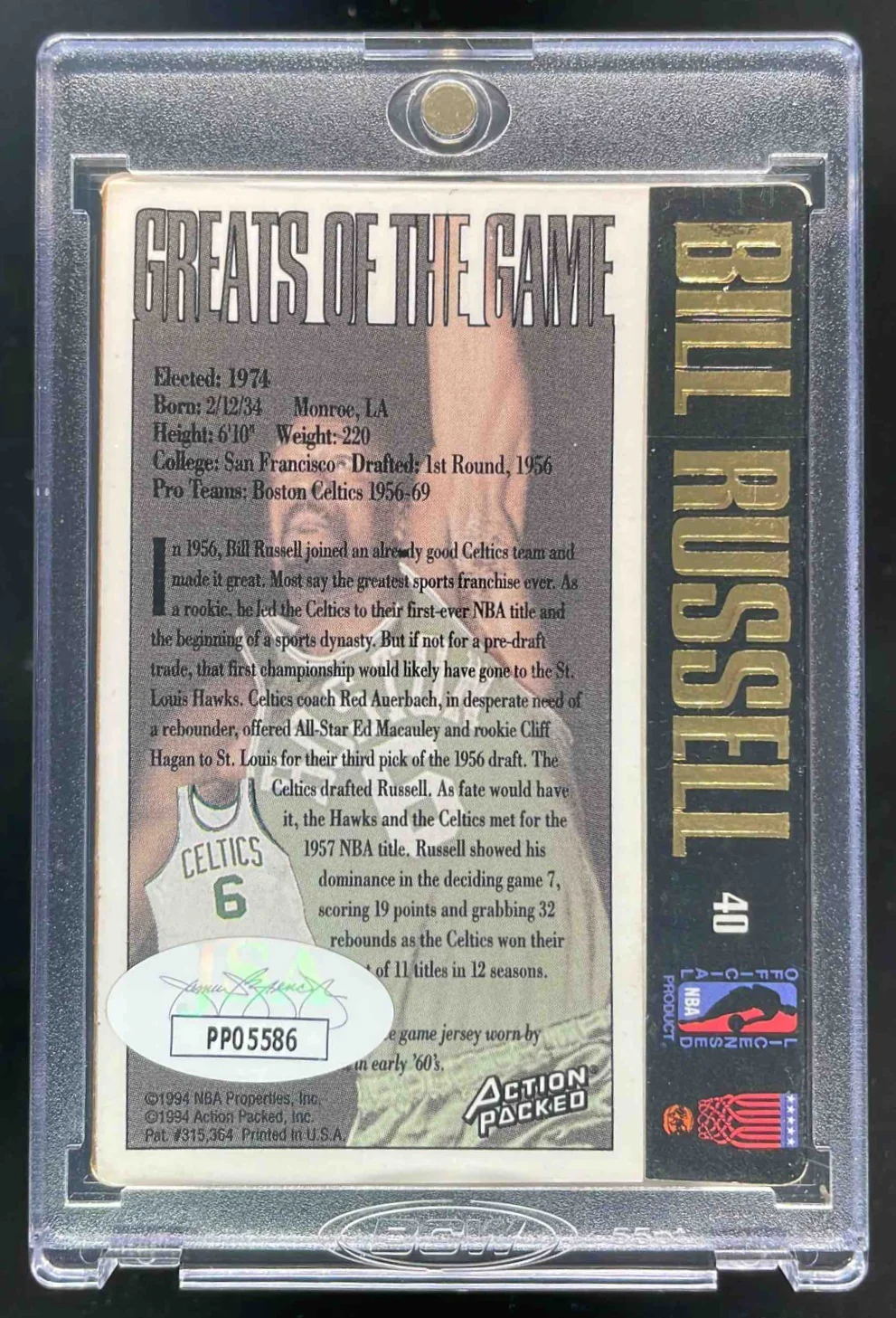 1995-96 Action Packed Hall of Fame Autographs #40 Bill Russell Auto - Image 2