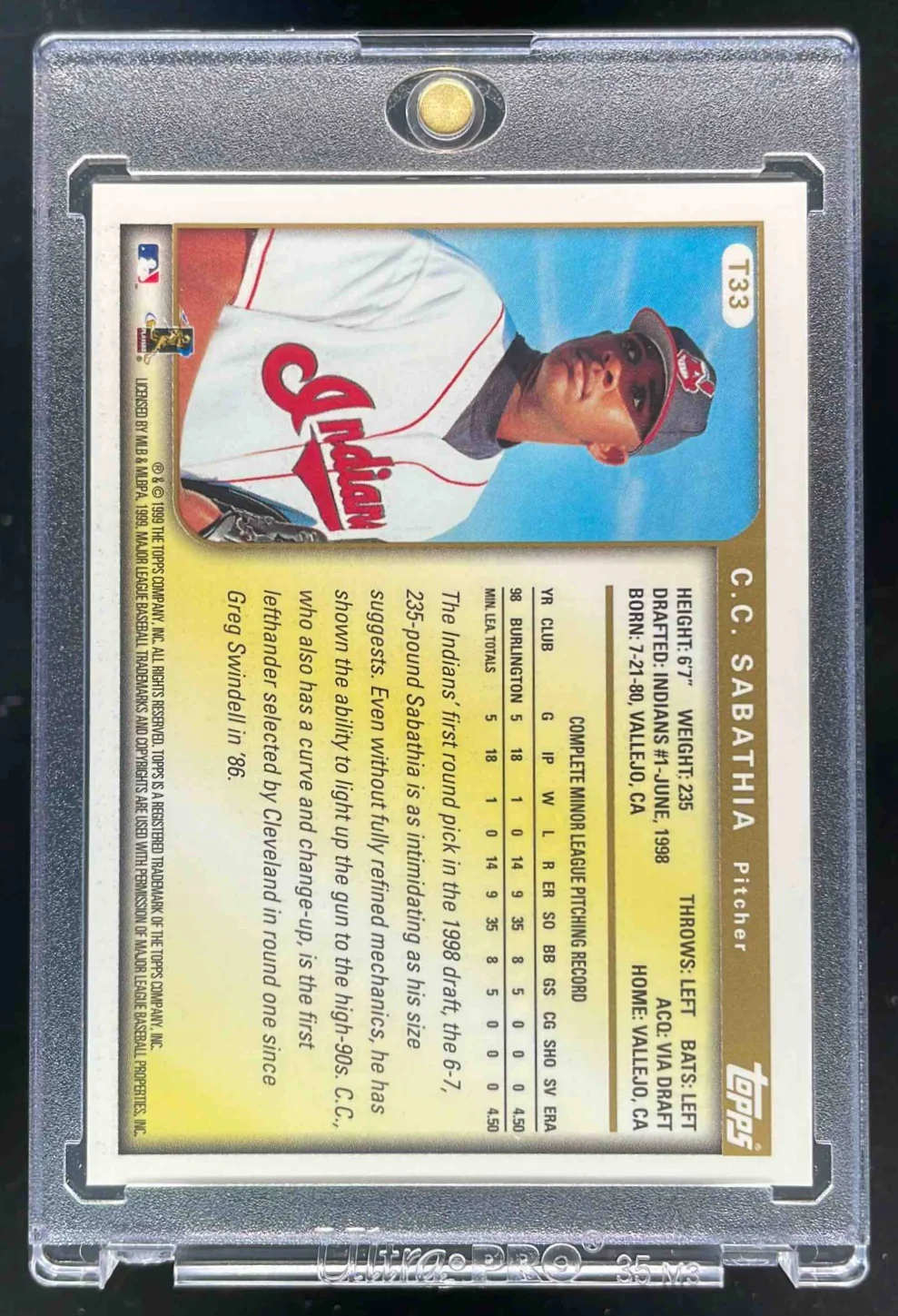 1999 Topps Traded and Rookies Autographs #T33 CC Sabathia RC Auto - Image 2
