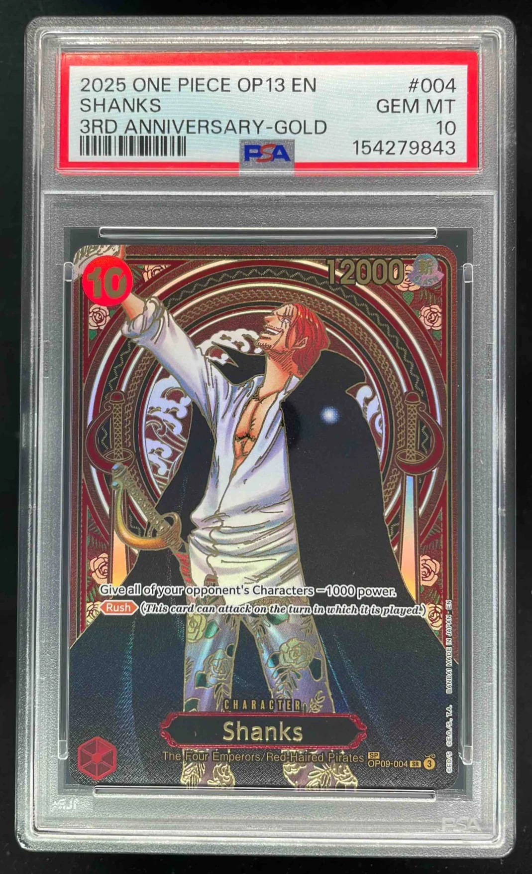 2025 One Piece OP13 EN 3rd Anniversary Gold #004 Shanks PSA 10
