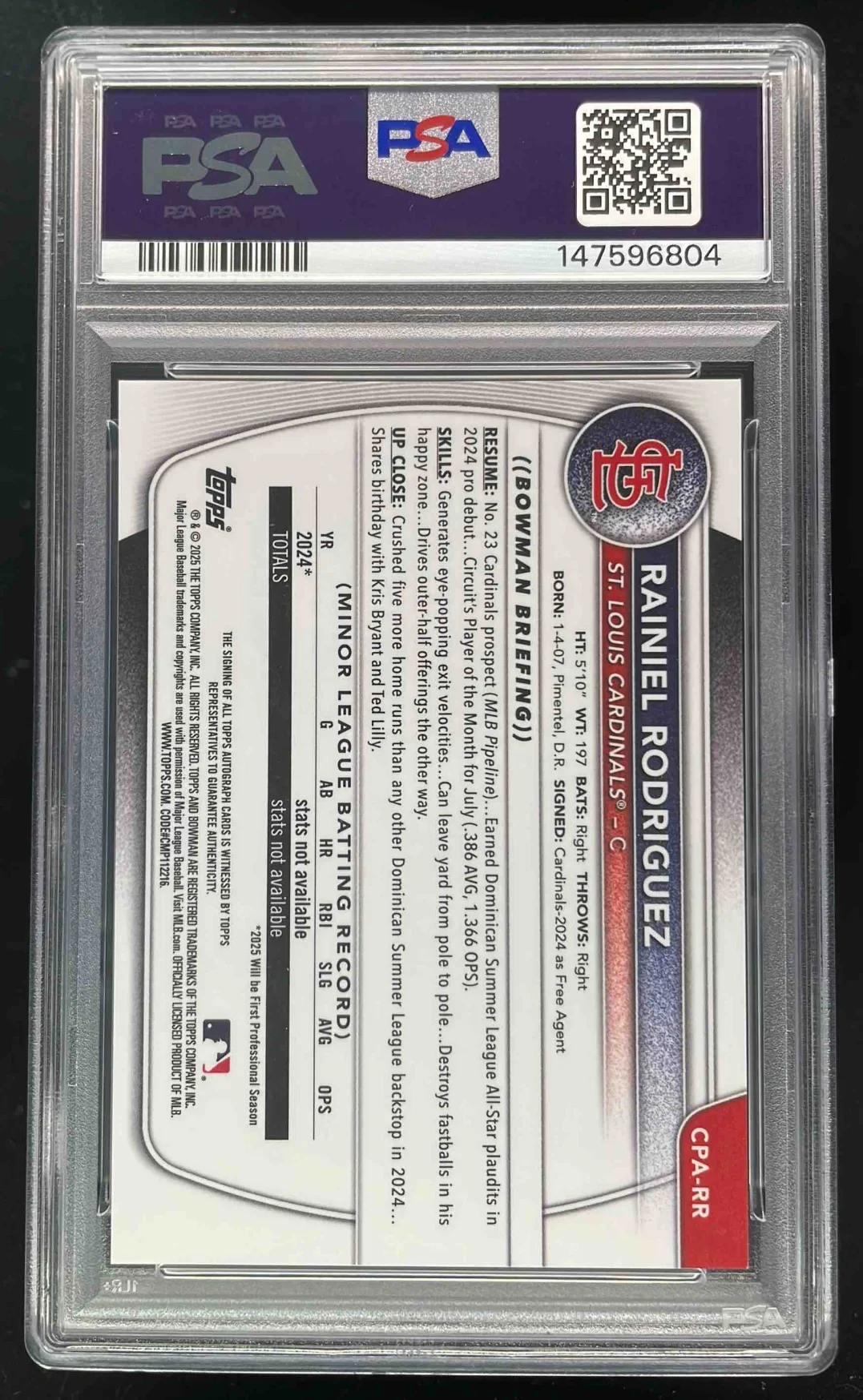 2025 Bowman Chrome Chrome #CPA-RR Rainiel Rodriguez 1st Prospect Auto PSA 10 - Image 2