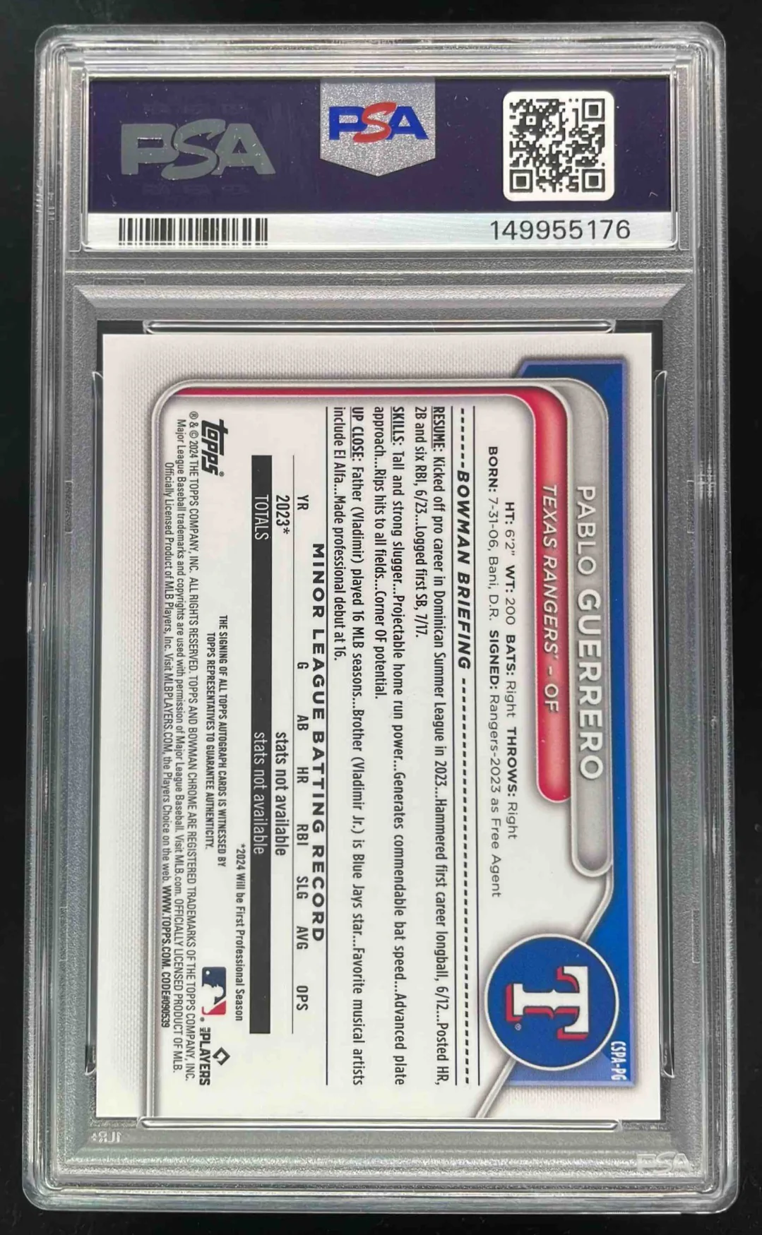 2024 Bowman Chrome Sapphire Prospect Orange #PG Pablo Guerrero Auto /25 PSA 9 - Image 2
