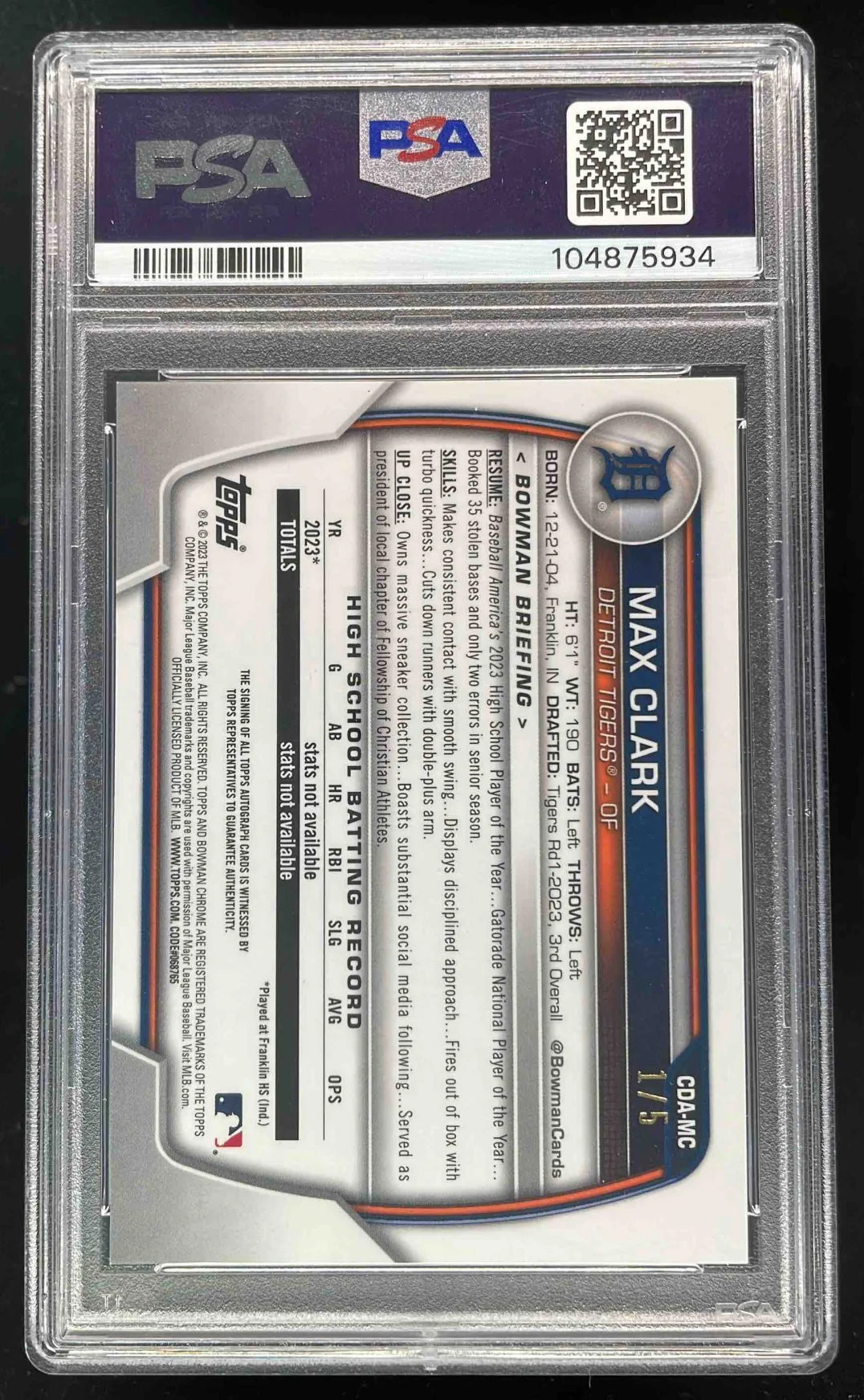 2023 Bowman Draft Sapphire Chrome Red #MC Max Clark RC Auto /5 PSA 9 - Image 2