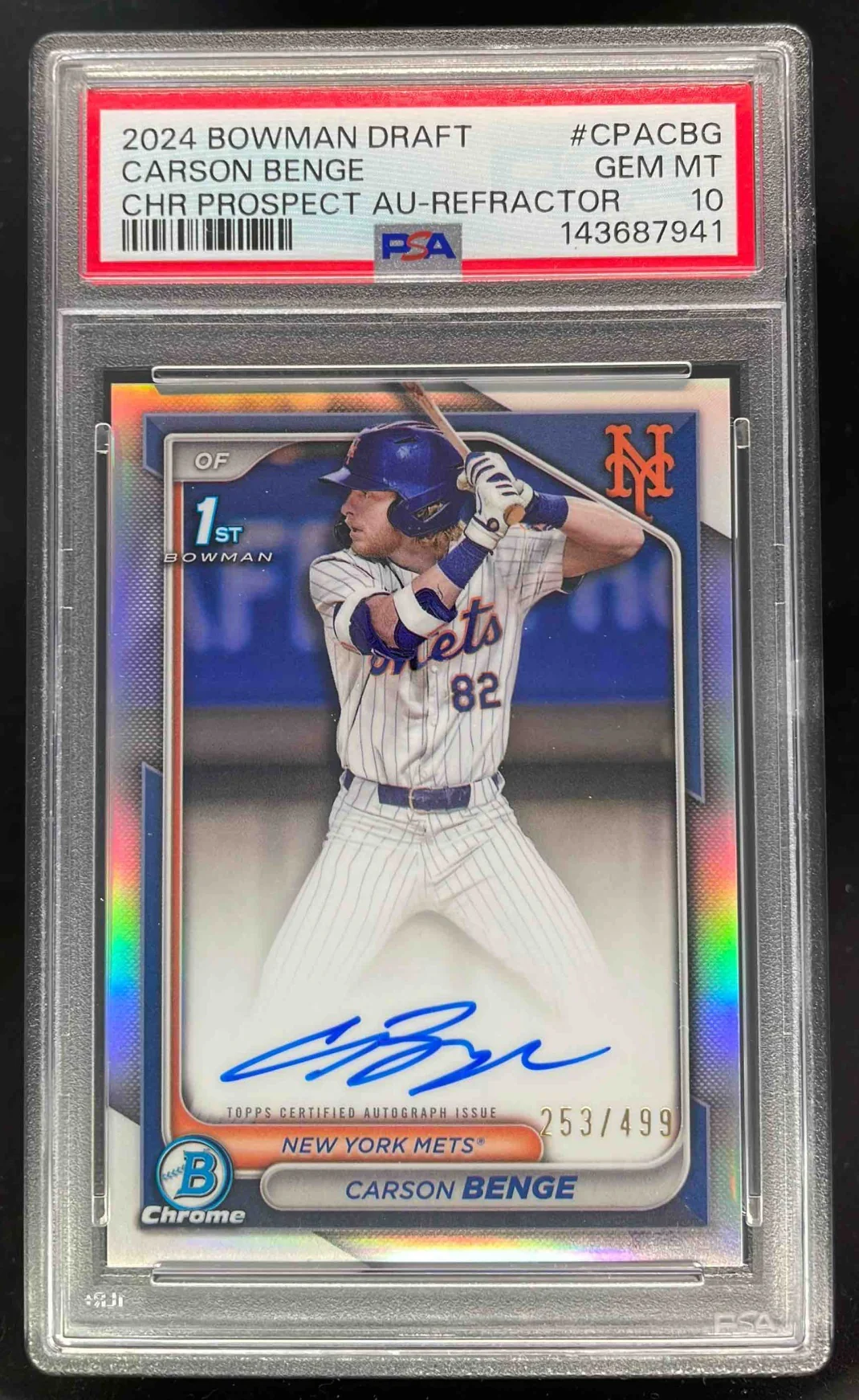 2024 Bowman Draft Chrome #CPA-CBG Carson Benge 1st Prospect Auto /499 PSA 10