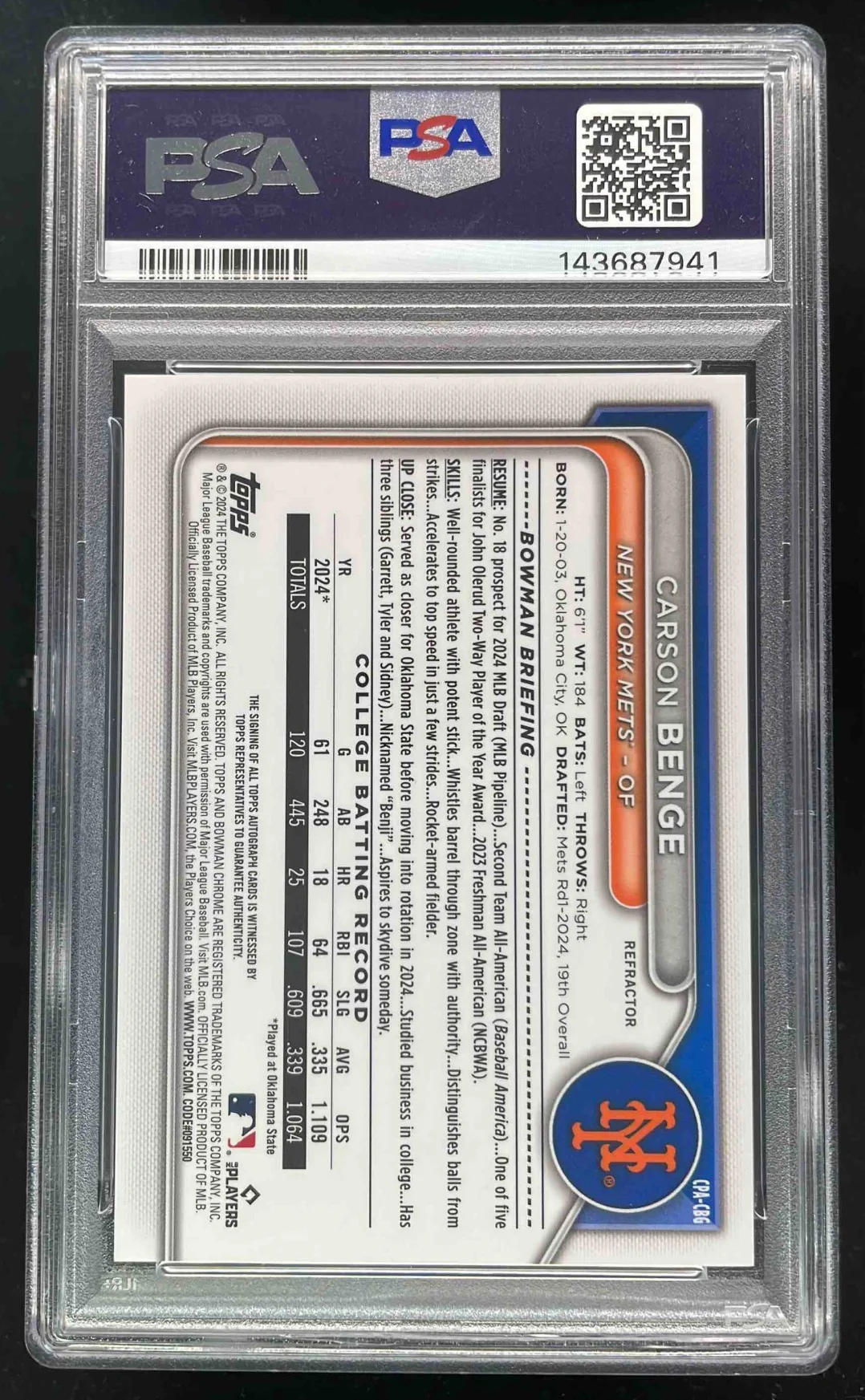2024 Bowman Draft Chrome #CPA-CBG Carson Benge 1st Prospect Auto /499 PSA 10 - Image 2